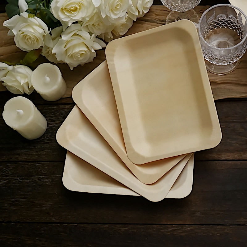BalsaCircle 25 Natural 8' x 5' Disposable Birch Wooden Rectangle Plates Eco Friendly Biodegradable