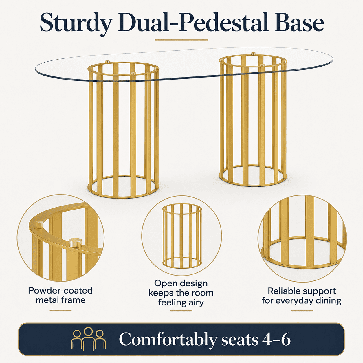 A7Store 71 in Glass Dining Table,Gold Dining Table for 6-8，Large Size Kitchen and Dining Room Table with Tempered Glass top and Gold Double Column Metal Legs, Modern Rectangular Dining Table