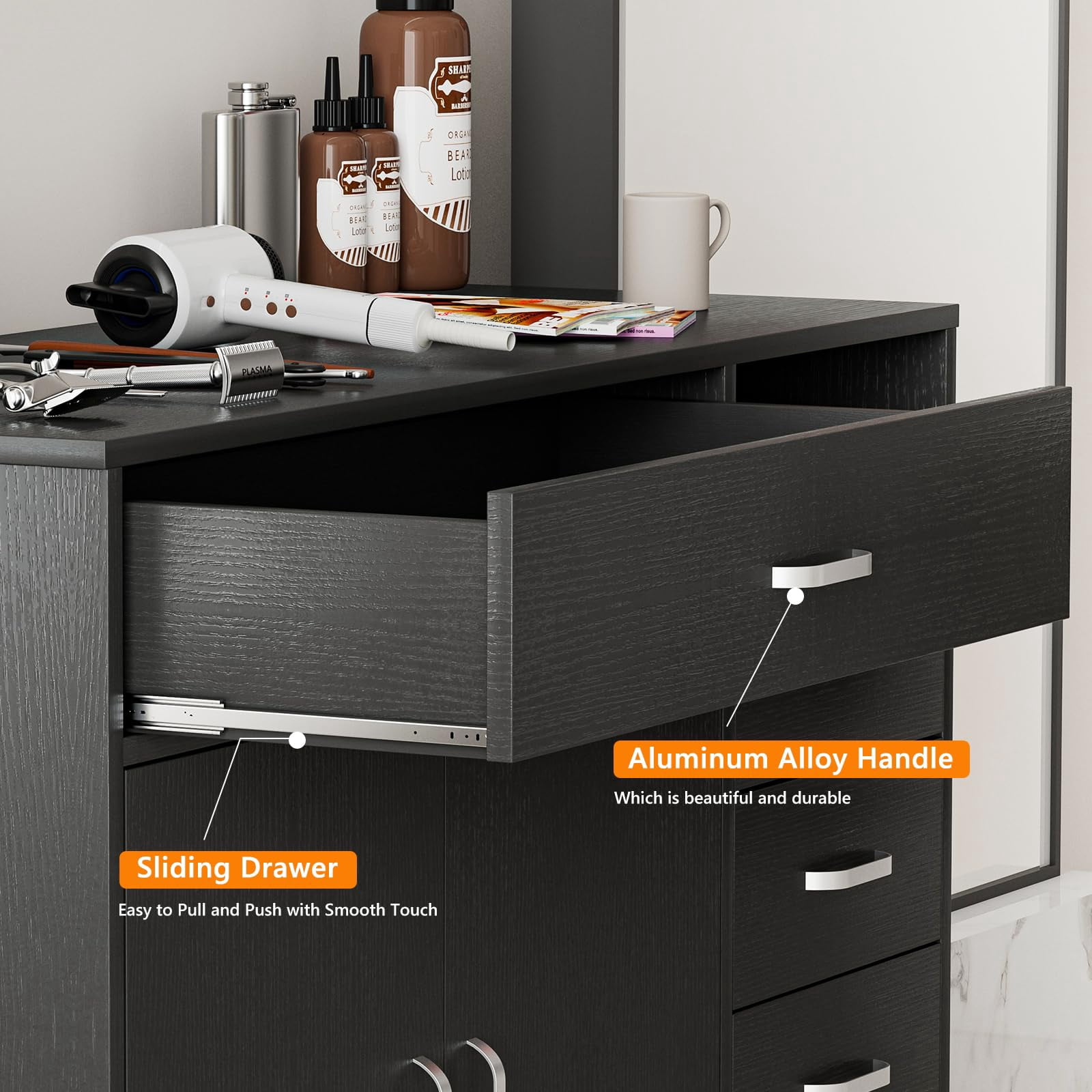 5-Drawers Salon Furniture Salon Storage Station, Free Standing Cabinet for Hair Stylist, Beauty Spa Furniture w/1 Large Capacity Cabinet & 1 Open Shelf, Spa Bathroom Equipment, Black