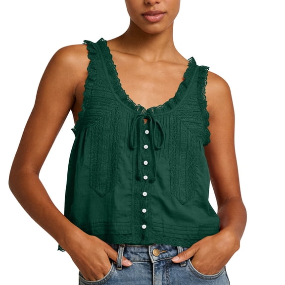 aohooy Lace Trim Tank Tops for Women Sleeveless Button Down Tie Front Loose Shirts Boho Summer Beach Vacation Crop Blouses 2026 Green,S