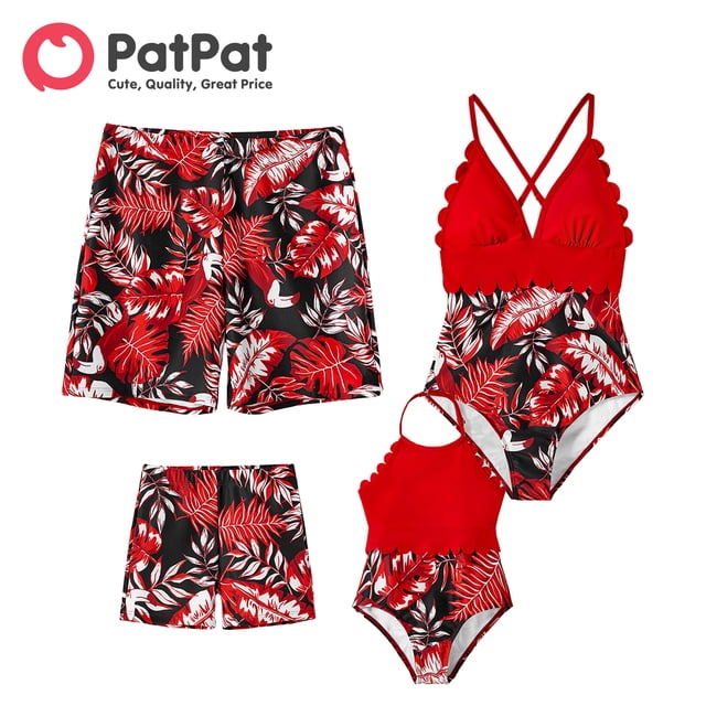 PatPat Maillots de Bain une Pièce Assortis Maman et Moi pour la Famille, Imprimé Végétal Intégral, Shorts de Bain et Bord Festonné