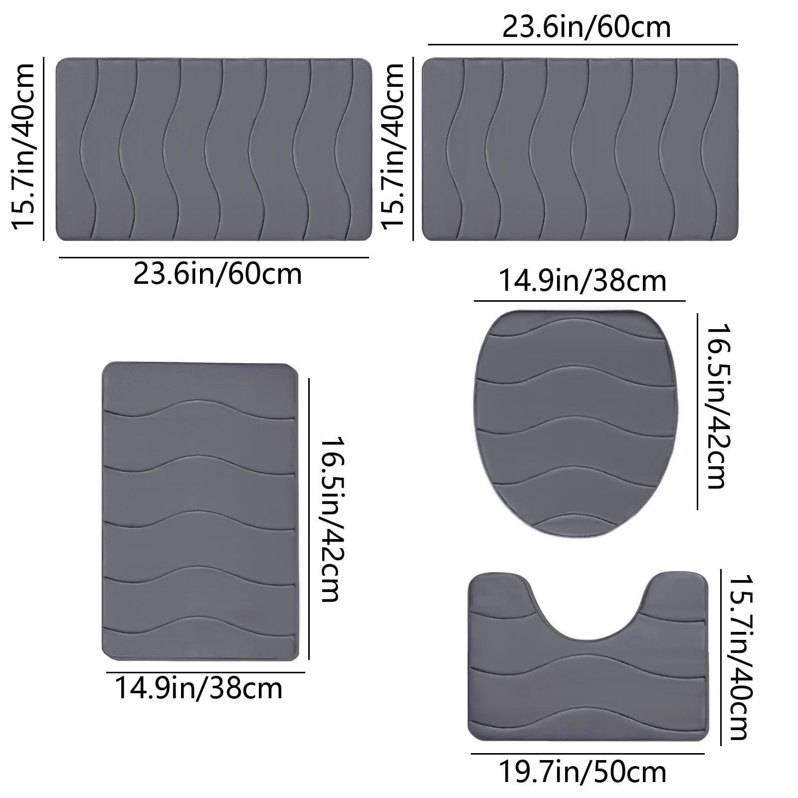 Outoloxit Bathroom Rugs Sets 3 Piece, Foam Bath Mat 5 Set Bathroom Rugs for 5 Pcs Toilet Mats Universal Soft Comfortable Water Absorption Non-Slip Thick Machine Washable Easier to Dry Dark