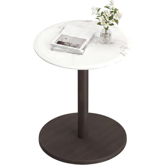 WoofPaw Round Marble Side Table, Modern Sofa Couch End Table w/Stone Finish & Wooden Pedestal, Coffee Drink Tables, Accent Bedside Night Stand for Bedroom Living Room Small Spaces (White & Black,1)
