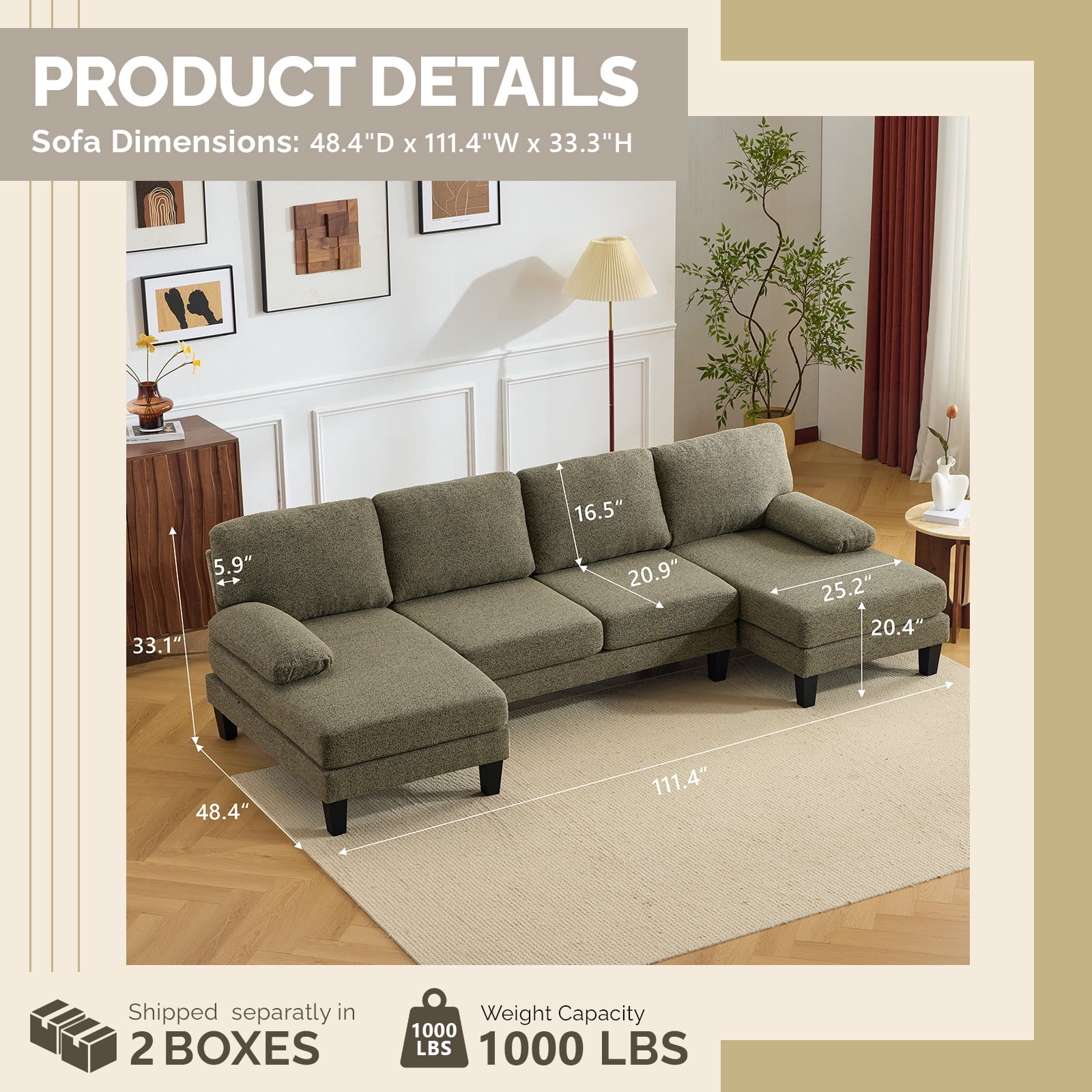 U-Shaped Convertible Sectional Sofa with 2 Chaise Lounges, 4-Seater Modular Couch with Removable & Washable Chenille Covers, L-Shaped Couches for Living Room Apartment, Heavy Duty Plastic Legs