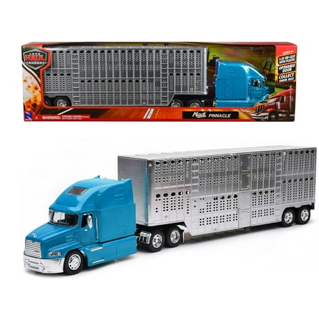 Mack Pinnacle Truck with Pot Belly Livestock Trailer Blue and Chrome "Long Haul Truckers" Series 1/32 Diecast Model by New Ray