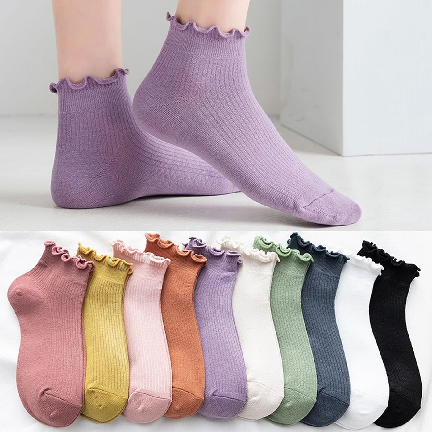 Womens Ruffle Socks Ankle Classic Basic Colorful Cotton Running Athletic Dress Sock Crew Size5-9