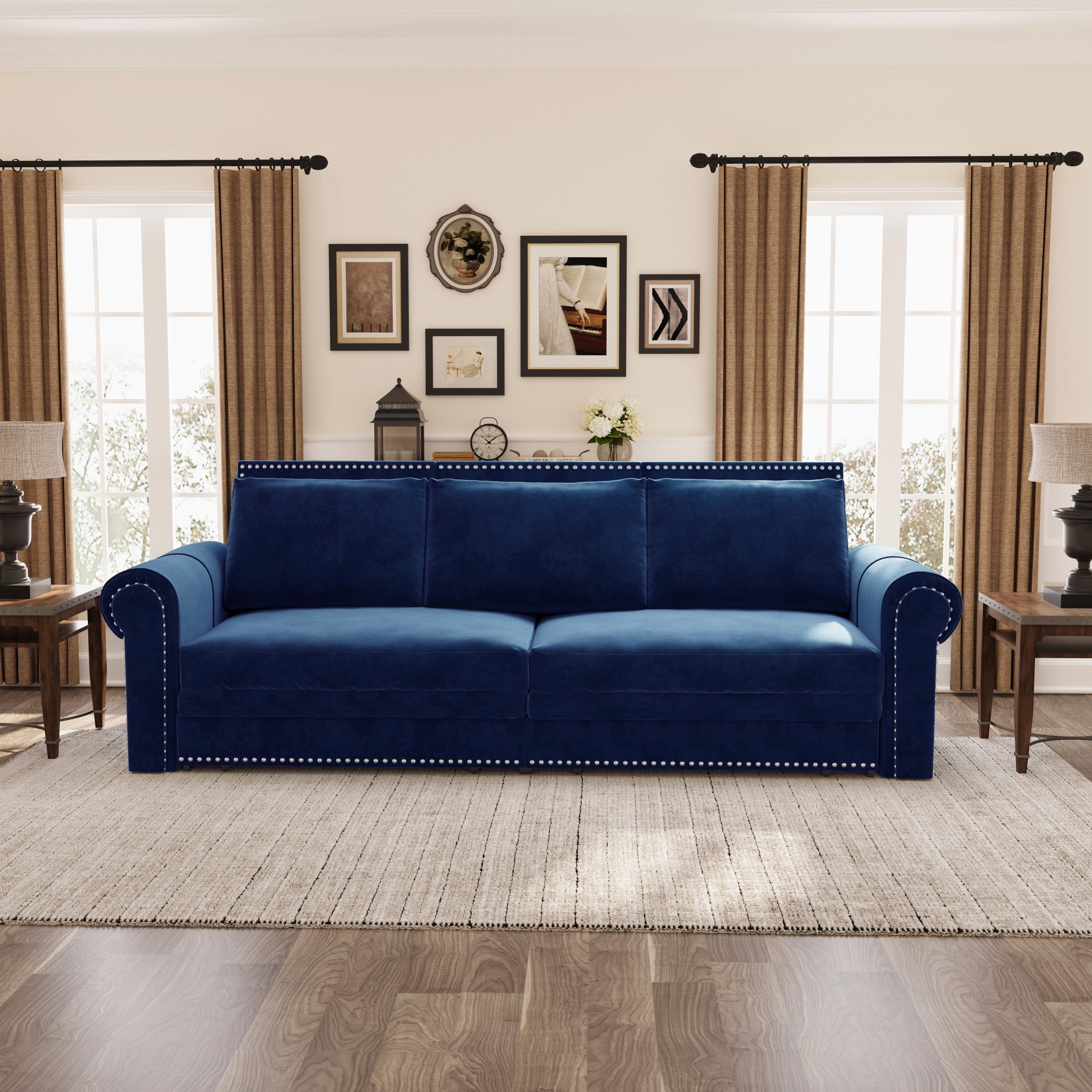 Noble House Lexair Velvet Chesterfield Pull Out Sofa Bed, 3-in-1 King Sleeper Couch with Nailheads & Rolled Arm, Blue