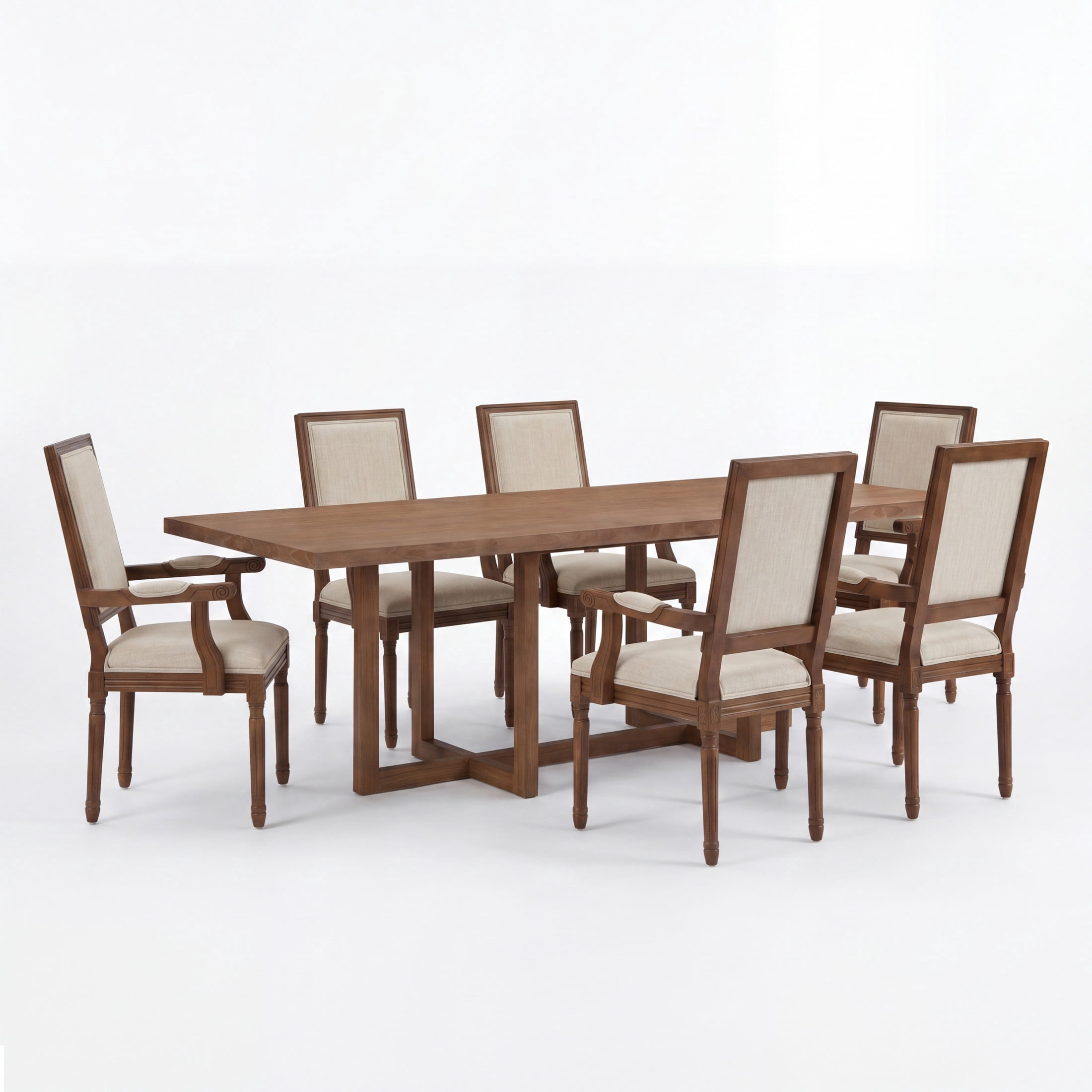 Christopher Knight Home 7-Piece French Country Dining Set, 95" Table with Upholstered Chairs, Natural+Walnut+Beige
