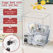 Clear Acrylic Piggy Bank with Lock and Key for Kids Adults, Openable Money Saving Box for Cash Coins Real Money (Clear)