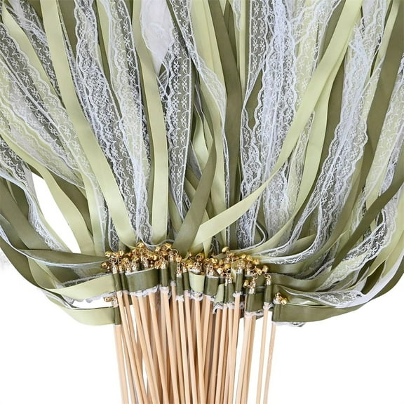NOGIS 20 Pieces Lace Ribbon Wedding Sticks Colorful Ribbon Streamers Party Streamers with Bells Silk Fairy Stick Wands for Wedding, Party, Holiday, Activities (Green)