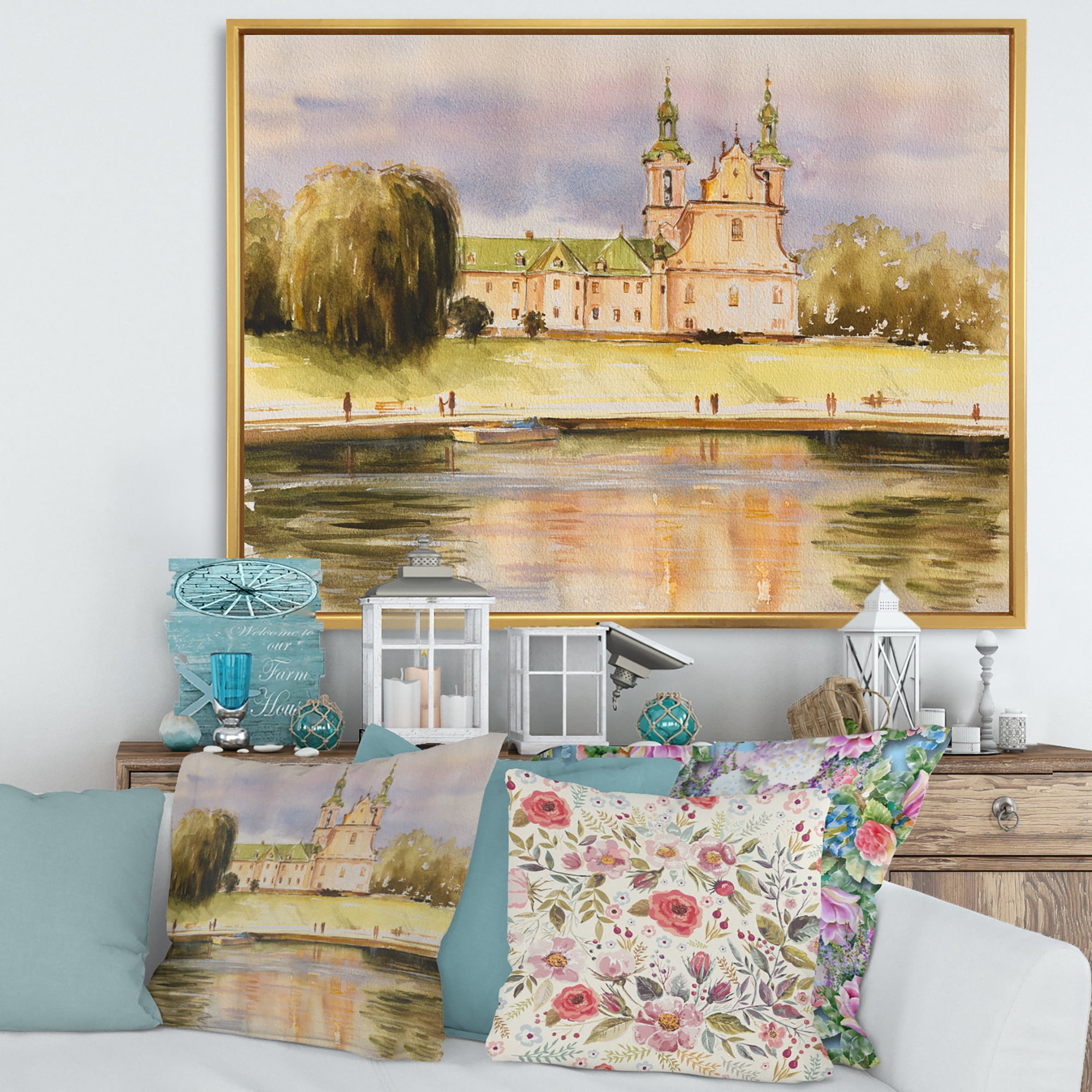 Designart 'Historical Church On The Rock On Banks of The River' Lake House Framed Canvas Wall Art Print