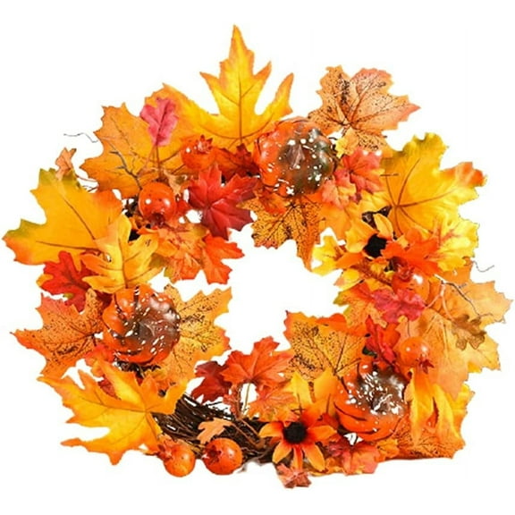 Artificial Pumpkin Fall Wreath, Autumn Theme Artificial Wreath with Maple Leaves, Fake Pumpkin Flower Garland for Halloween Thanksgiving Day Wedding Front Door Wall Hanging Home Decor