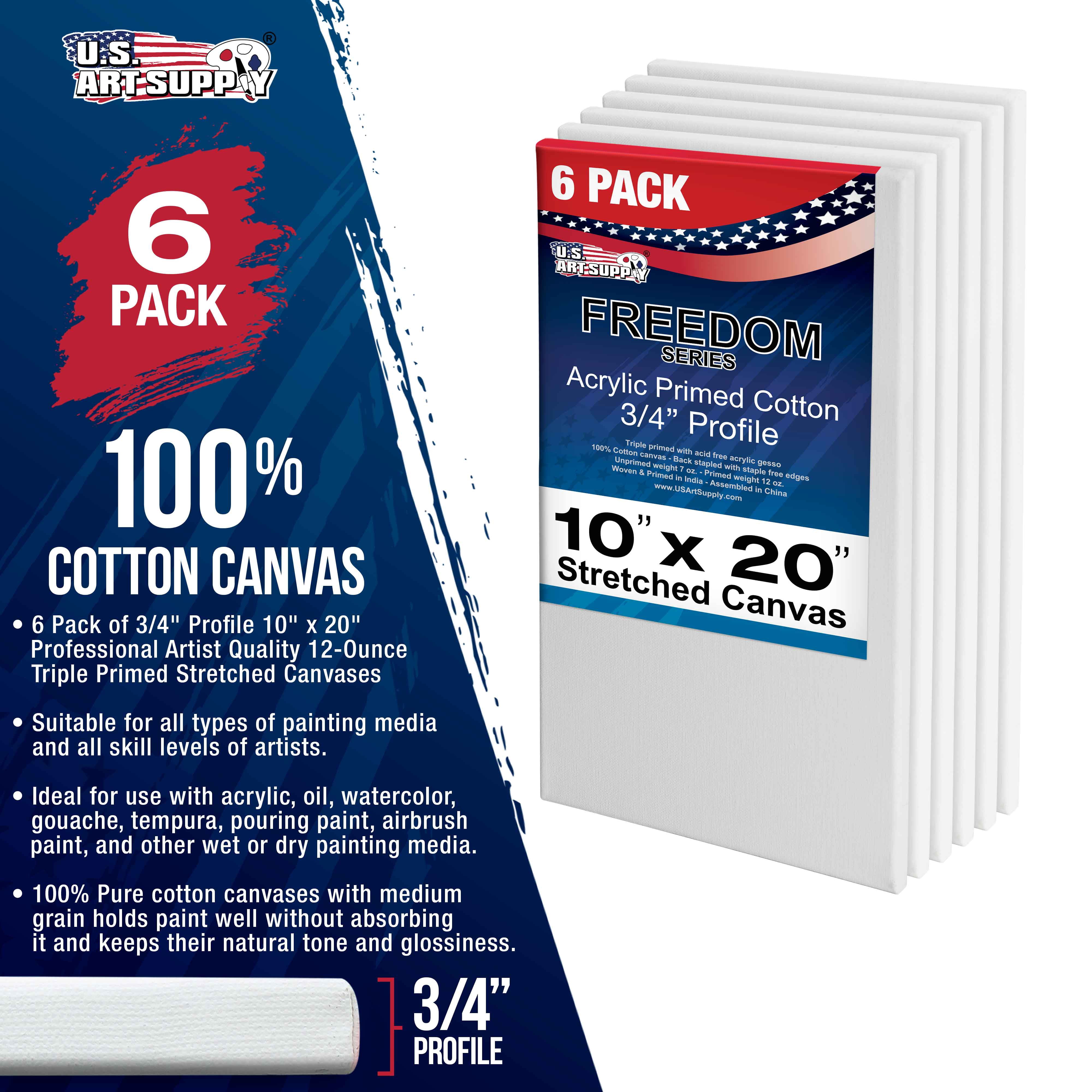 U.S. Art Supply 10 x 20 inch Stretched Canvas 12-Ounce Triple Primed, 6-Pack - Professional Artist Quality White Blank 3/4" Profile, 100% Cotton, Heavy-Weight Gesso - Acrylic Pouring, Oil Painting