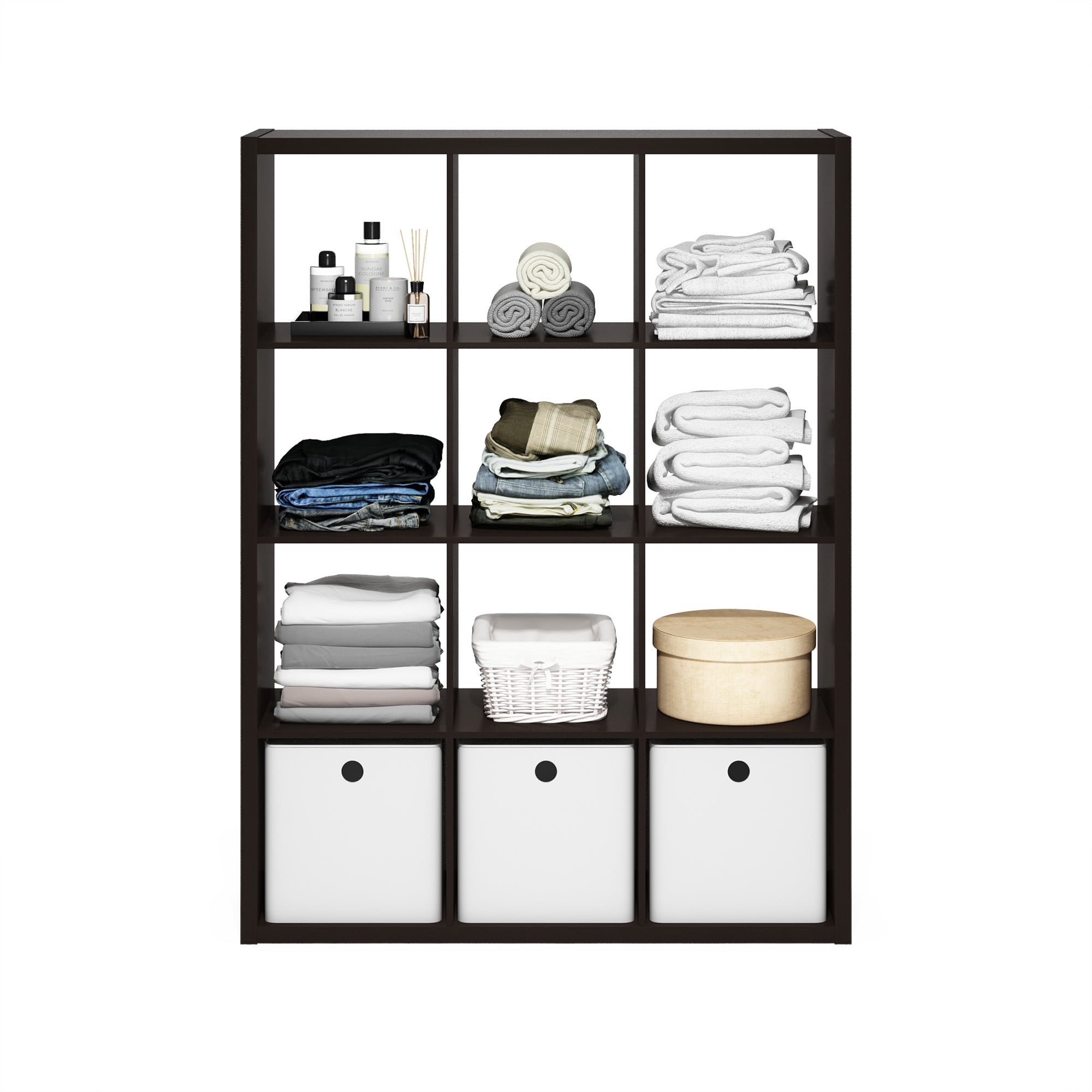 Furinno CUBICLE Book Shelf, 12-Cube Thick Frame Bookshelf, Reversible Bookcase with Open Back, 14.6 x 43.8 x 58, for Living Room, Bedroom, Home Office, Black Dark Oak