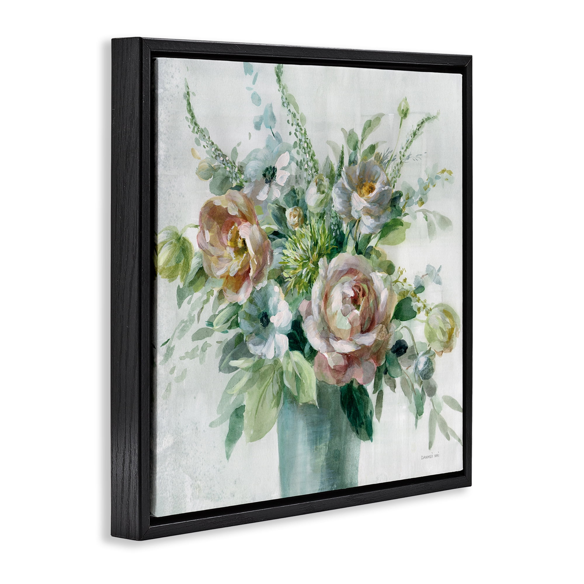 Stupell Industries Sage & Peach Blossoms Botanical & Floral Painting Black Floater Framed Art Print Wall Art, 18 x 18