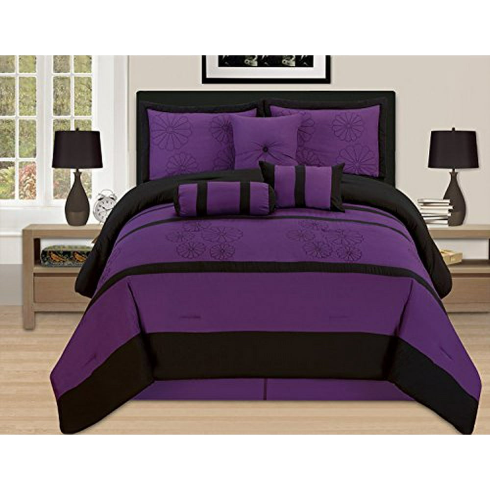 7 Pieces Luxury Embroidery King Comforter Set Purple Bed-in-a-bag