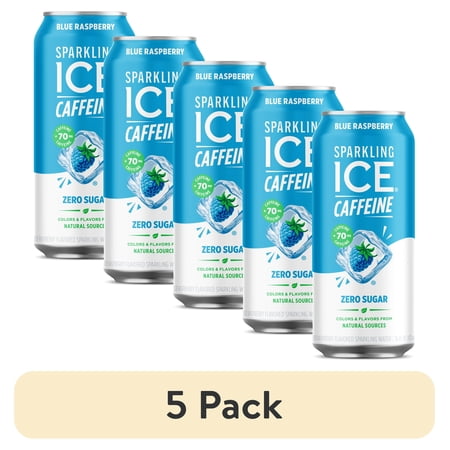 (5 pack) Sparkling Ice® +Caffeine Zero Sugar Flavored Sparkling Water, Blue Raspberry 16 fl oz, Aluminum Can