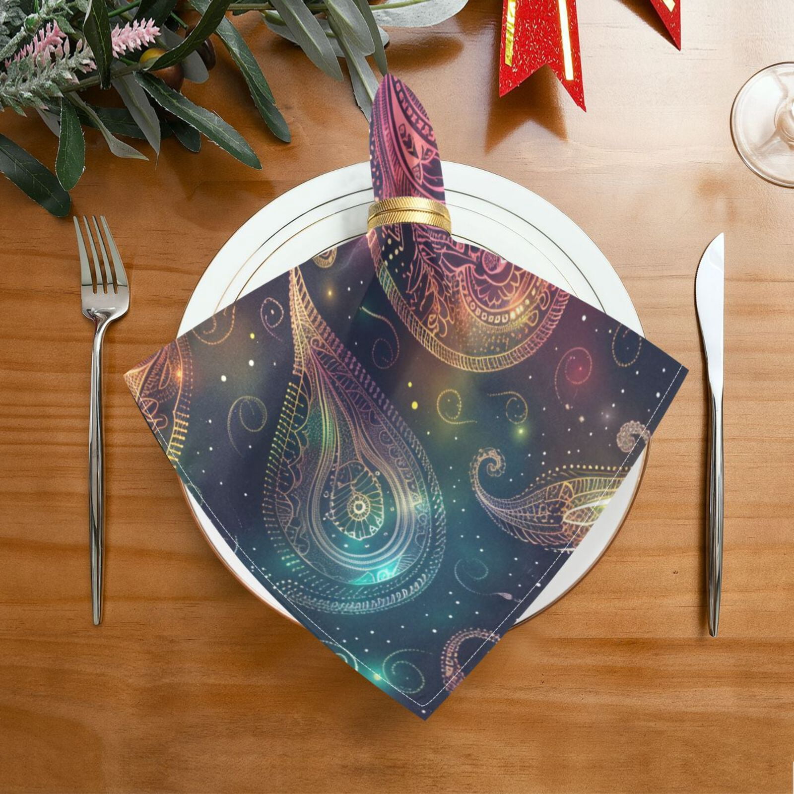 JSTEL Paisley Rainbow Nebula Cloth Napkins Set of 6, 20x20 Inch Washable and Reusable Napkin for Decoupage Dinner Party Everyday Use