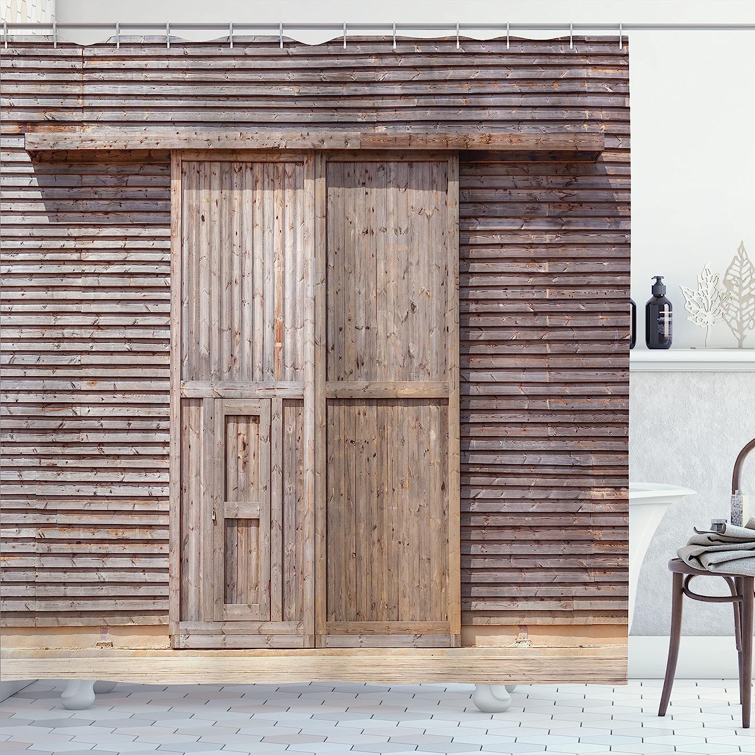 JOOCAR Industrial Shower Curtain, Old Wooden Timber Oak Barn Door