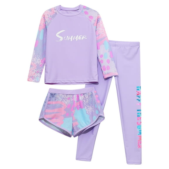 Yruioon Kids Girls 3pcs Rash Guard Bathing Suit Long Sleeve Printed Beach Surfing Swimsuit Purple 6XL