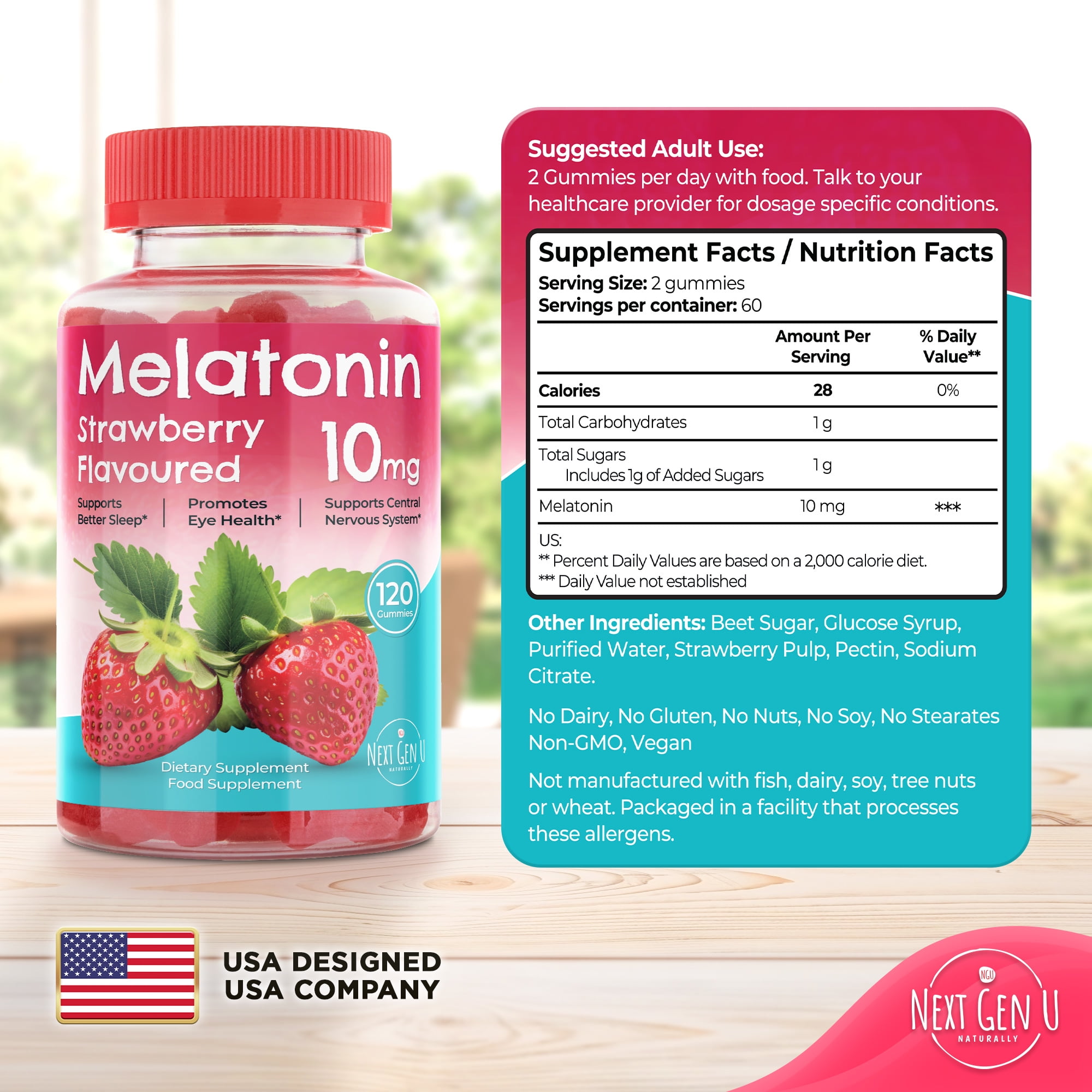 Next Gen U Melatonin Strawberry Flavored Dietary Supplement, 10mg, 120 Vegan Gummies for Restful Sleep