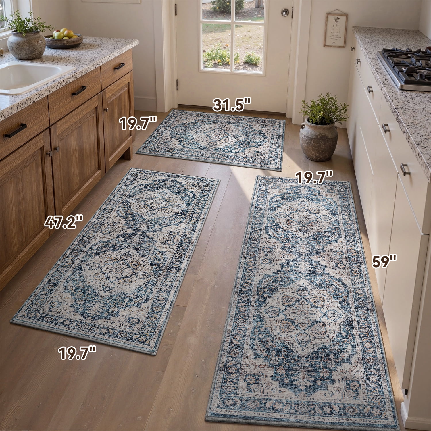 SIXHOME 3-Piece Kitchen Rugs and Runner Set Washable Vintage Kitchen Mat Non-Slip Low-Profile Rugs for Kitchen Sink Laundry Bedside 20"x32"+20"x48"+20"x59" Blue