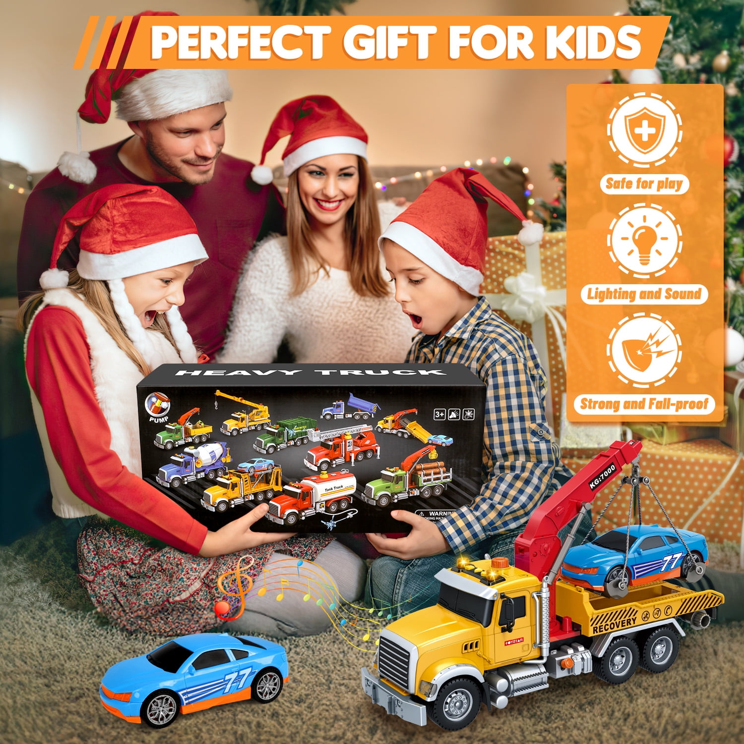 UUSUOO Toddler Trucks for Boys 3-6 Years,15" Large Tow Truck Toys,Friction Powered Transport Truck Crane Toy with Roadster, Lights and Sounds,Kids Truck Toys,Christmas Birthday Gifts for Kids,Yellow