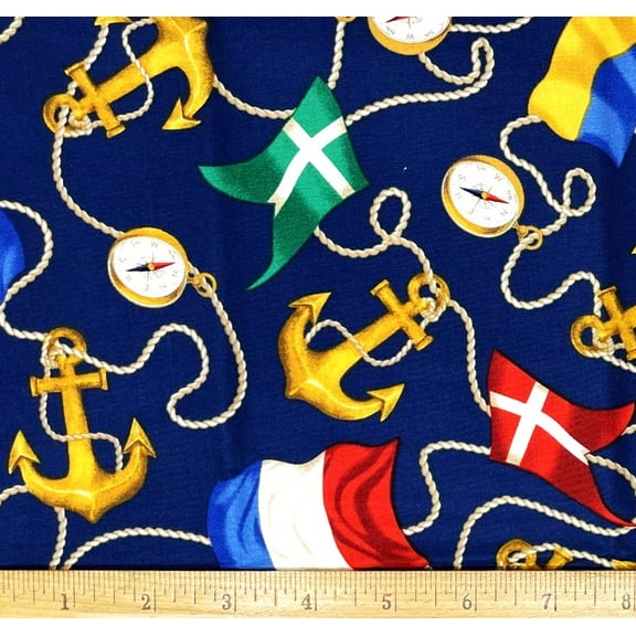 1 Fat Quarter - Boating Nautical Anchors & Flags on Navy Blue Cotton Fabric - 21" X 18"