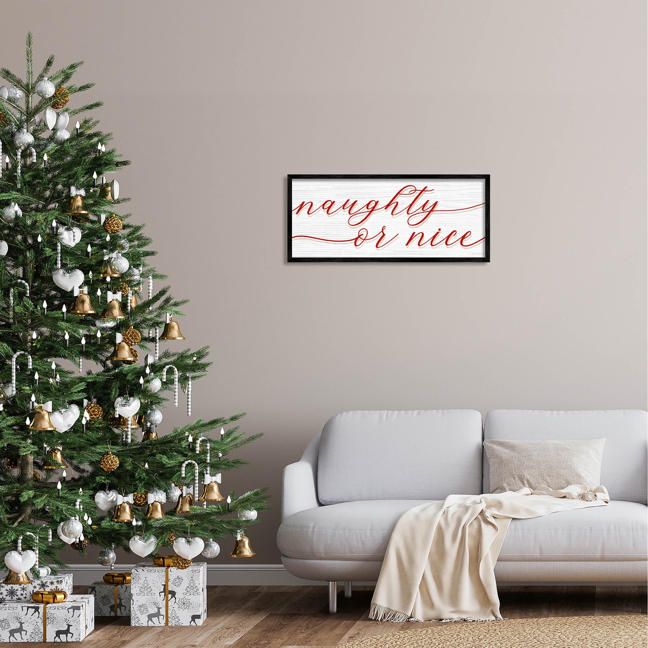 Naughty Or Nice Christmas Phrase Holiday Graphic Art Black Framed Art Print Wall Art