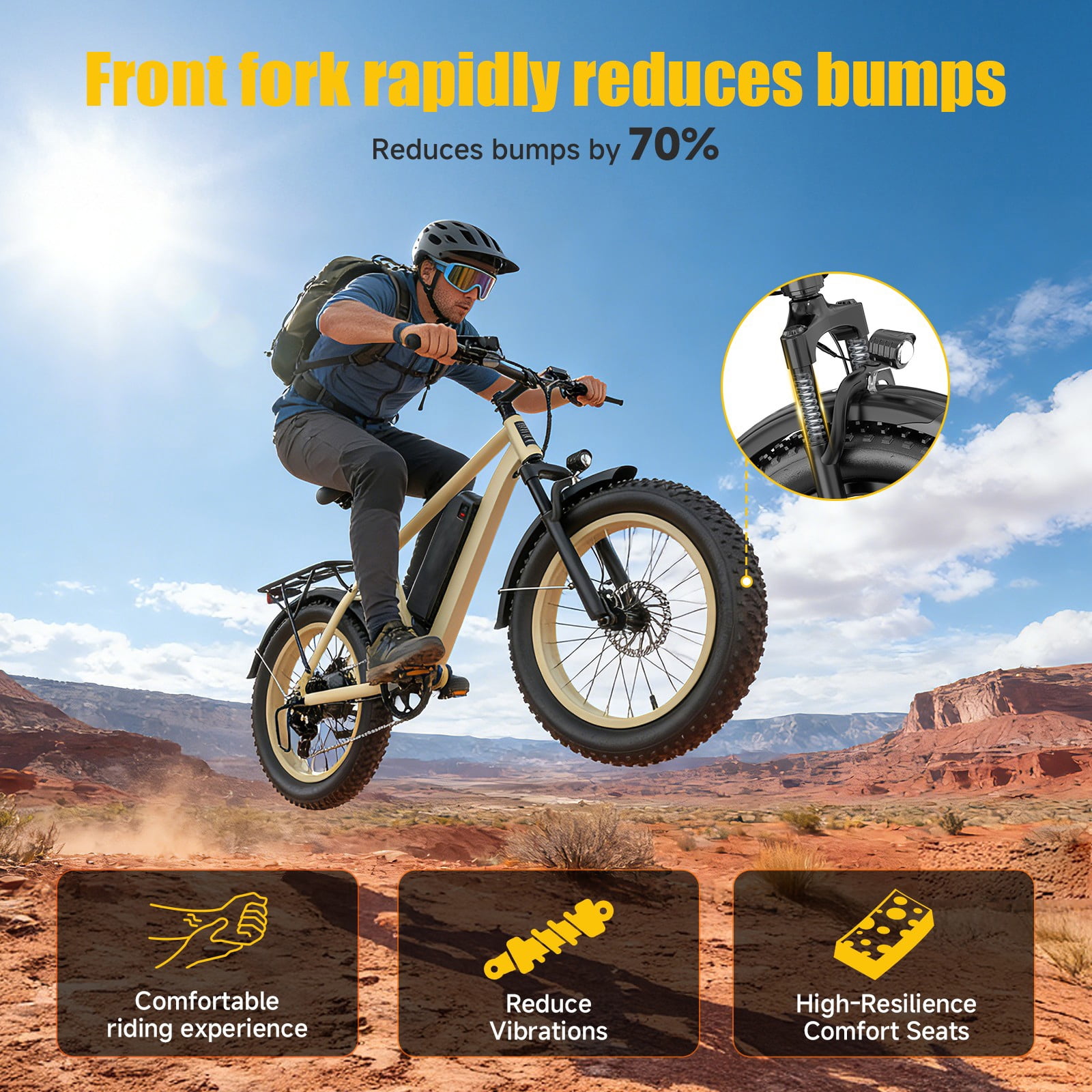 Helokeep Large Frame Electric Bike for Adults - 26" Ebike, 48V 15.6AH UL 2849 Battery, 28MPH, Front Suspension, Adjustable Seat, 330lbs Capacity, Desert Sand