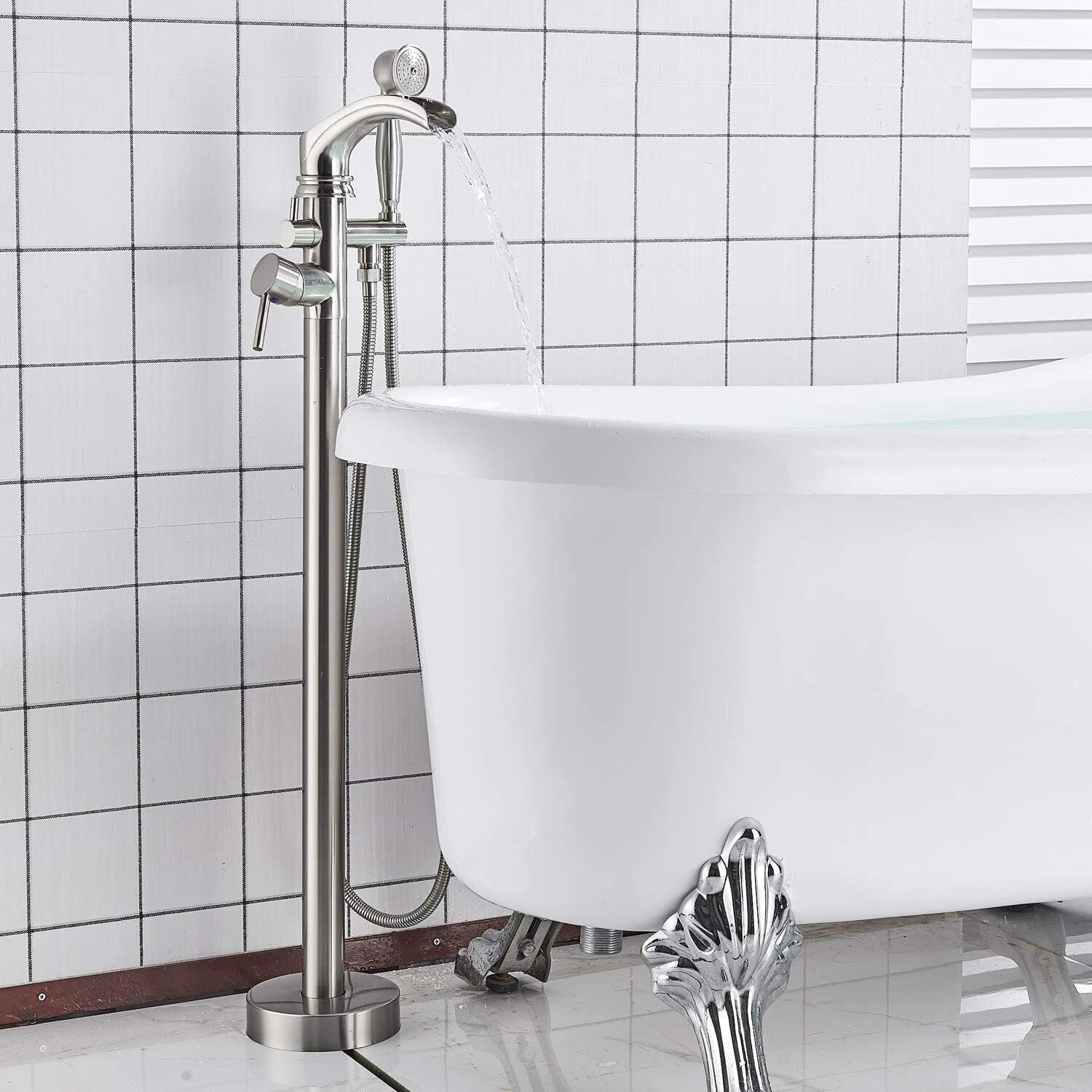 Brushed Nickel Freestanding Bathtub Faucet Floor Mount Bathroom Tub Filler Spout