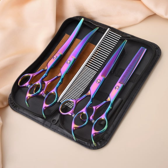 CNV Professional Pet Grooming Scissors Set, 5-Piece Gold Stainless Steel Kit with Curved & Thinning Shears for Dogs & Cats