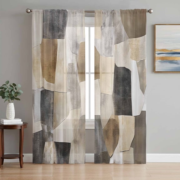 Black Brown Color Blocks Sheer Curtains 63 Inch Length 2 Panels Set, Abstract Geometric Art Voile Window Treatment Rod Pocket Curtains Sheers Drapes for Bedroom/Living Room/Kitchen 52x"63"x2