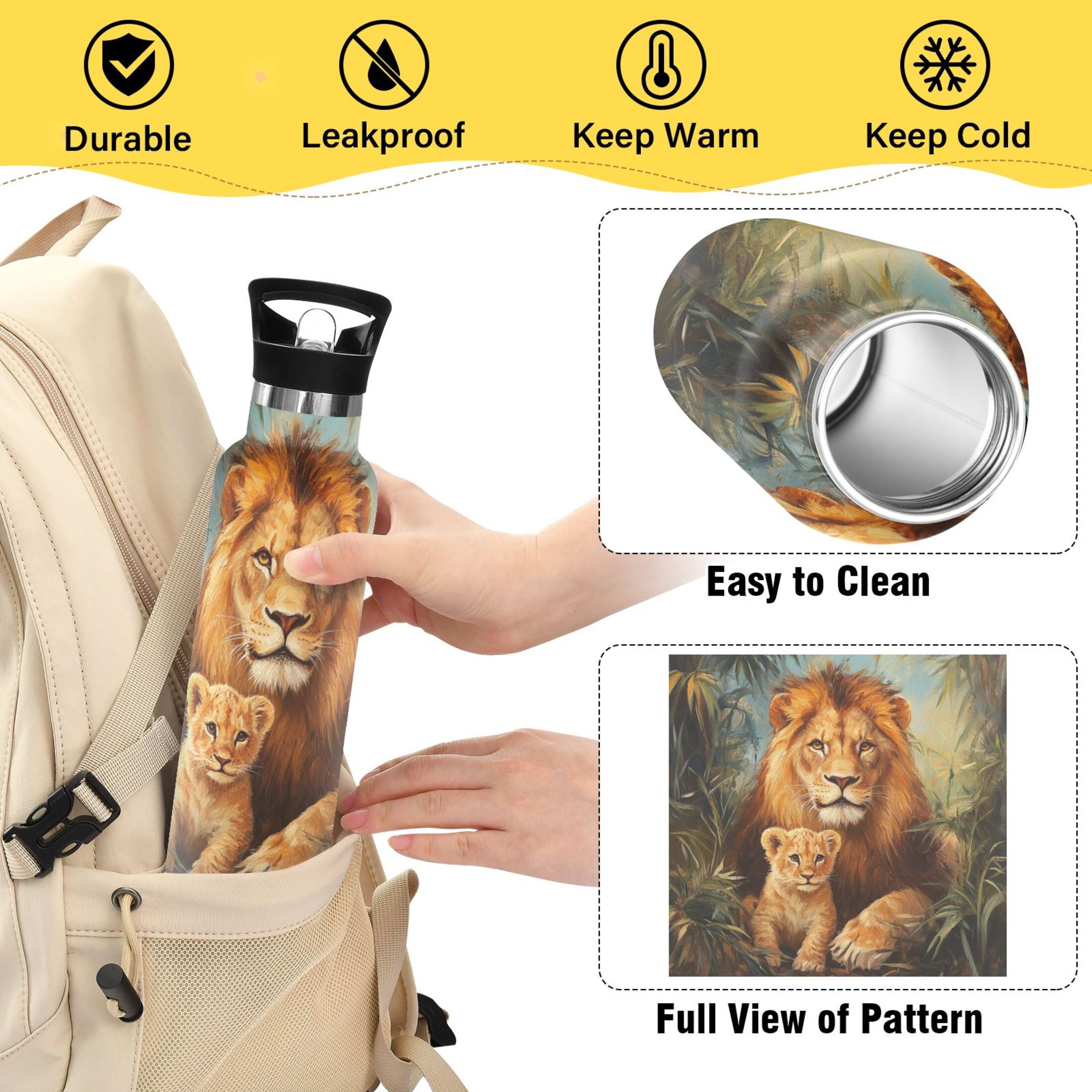 600ML Stainless Steel Insulated Cup Sports Water Bottle Portable Thermos Cup Water Glasses Insulated Tumblers Convenient and Durable Lovely Lions