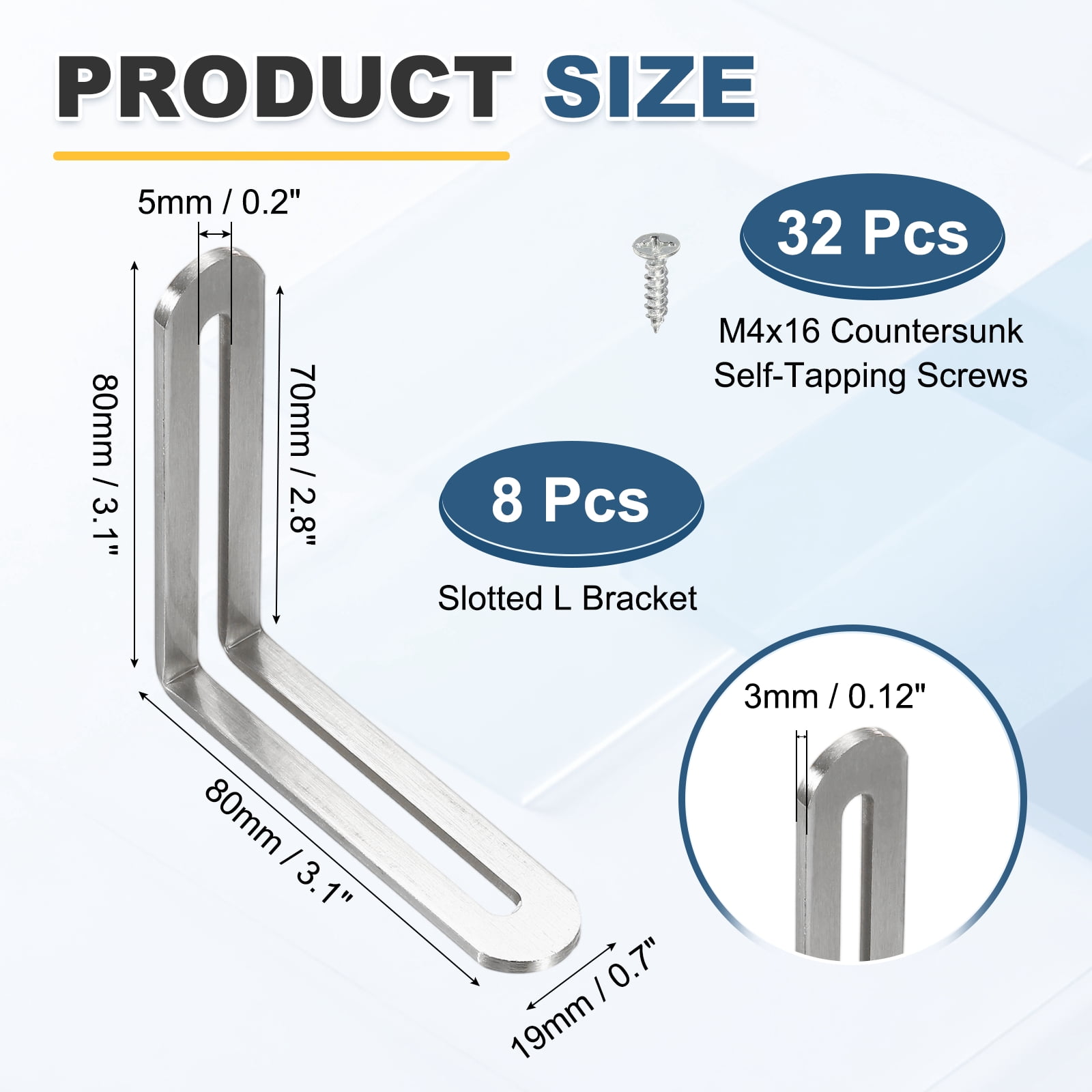 Uxcell 8 Pcs Adjustable Right Angle Brackets, Slotted L-Shape Corner Bracket 3.1"x0.7"x3.1", 90 Degree Steel l Bracket Support for Shelves, Wood Furniture Construction, Silver