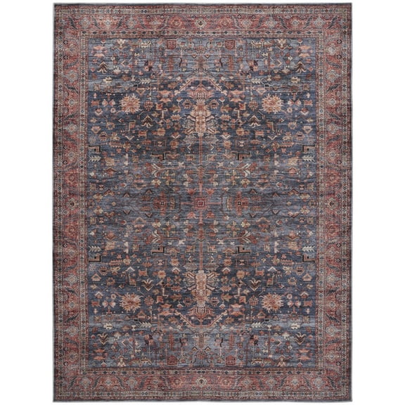 HomeRoots 5' X 7' Blue And Red Oriental Power Loom Distressed Washable Non Skid Area Rug