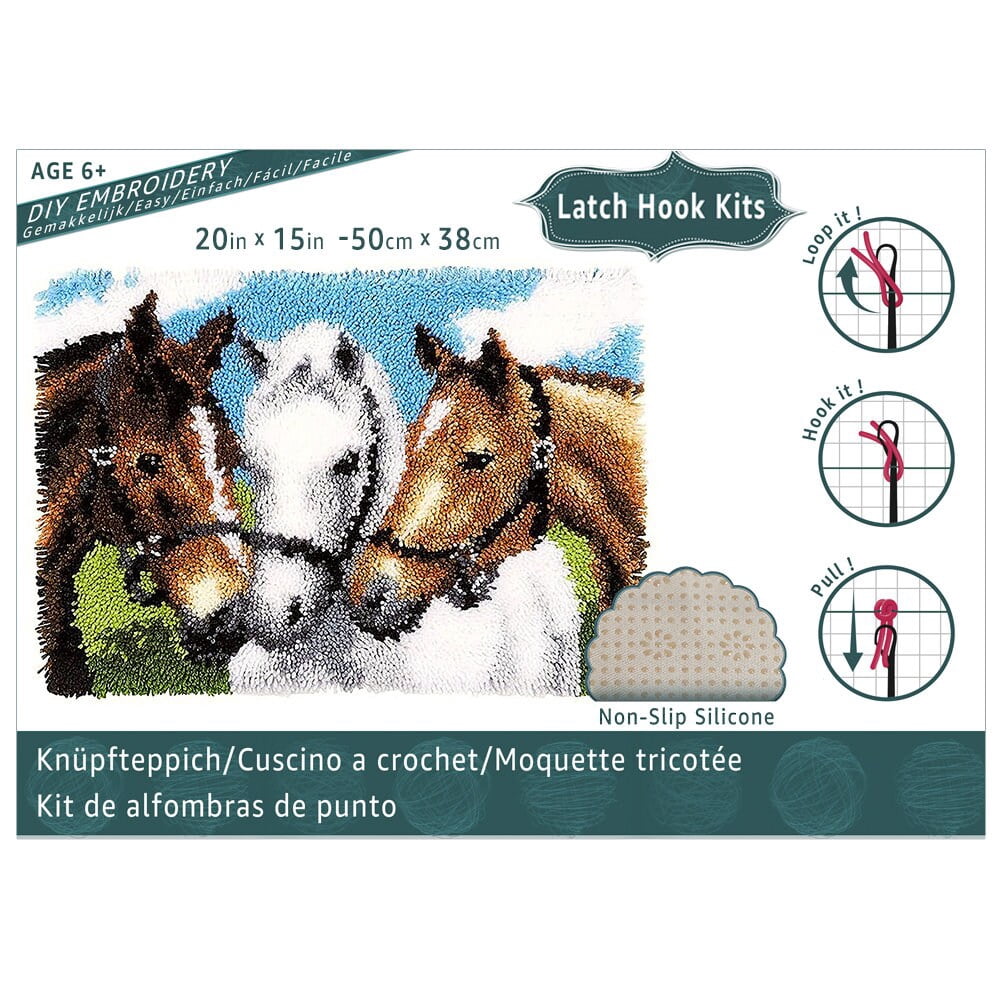 ShowNiceArt Rectangle Horses Pattern Latch Hook Rug Kit, DIY Embroidery Needlework for Adult & Kid Beginners, 16"×24"