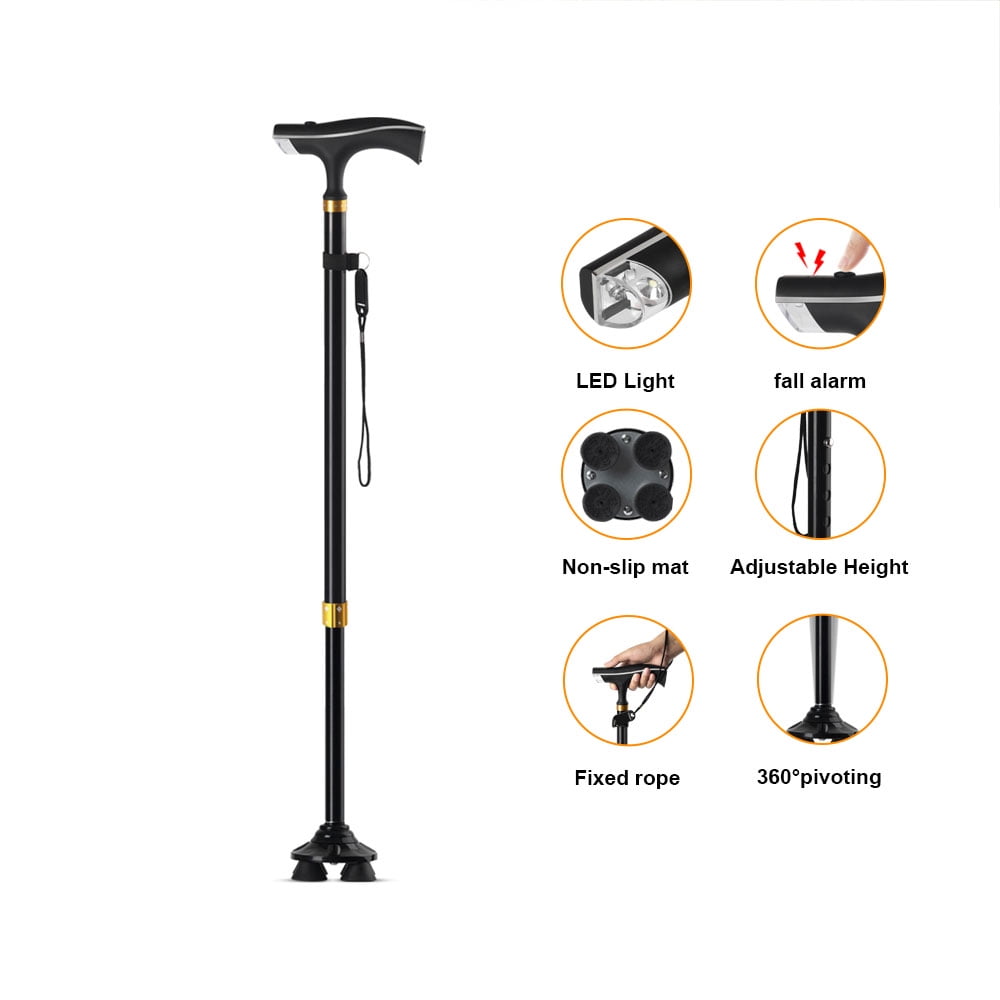 Doosl Walking Canes for Men Women, 10 height Adjustable Portable Retractable Canes with LED Flashlight and Fall Alarm for Seniors Adults, Black