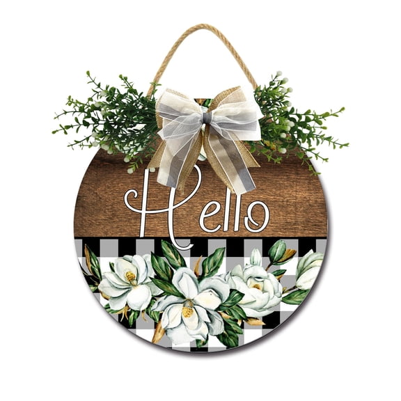 Hello Magnolias Sign Front Door Porch Decorations, Round Rustic Wood Hanging Sign for Farmhouse Porch Outdoor Home Holiday Front Door Sign Decor