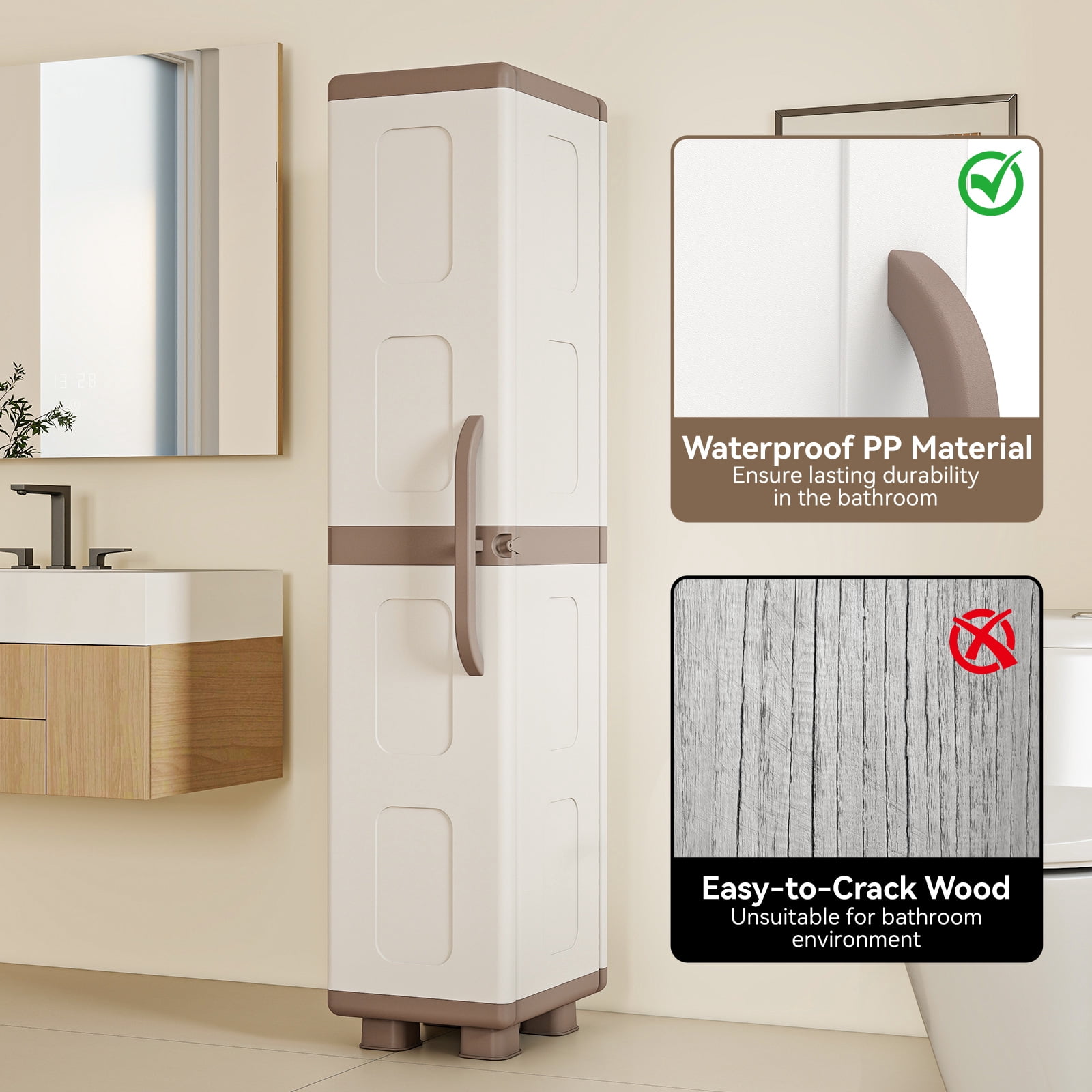 Costway Slim Storage Cabinet with Single Door, Plastic Kitchen Pantry with 4 Shelves Brown and White