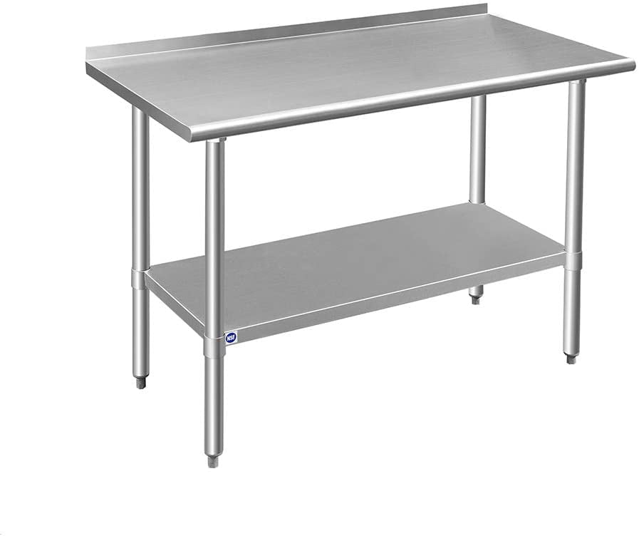 Stainless Steel Work Table with Backsplash，48‘’ x 24'' Commercial Work Table with Adjustable Galvanized Under Shelf for Restaurant/Business/Kitchen 