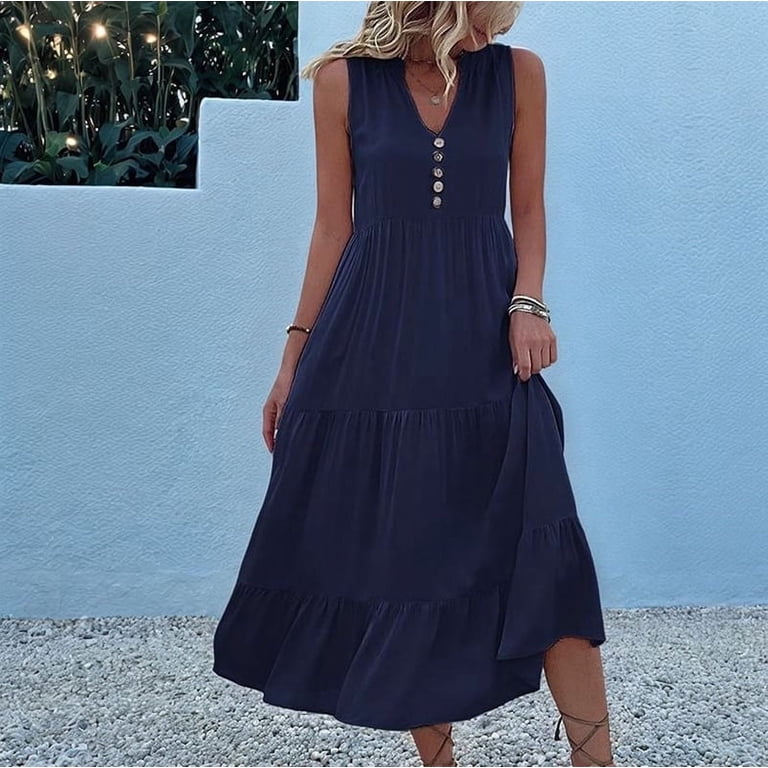 Summer Flowy Maxi Dress with Pockets Sleeveless Loose Casual Sundress  V-Neck Tiered Sun Dress for Beach Cruise Vacations Navy Blue L