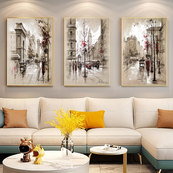 3pcs/Set Art Deco Modern Retro Oil Painting Style Canvas Posters, Abstract Street Landscape, Frameless Ink Art Print for Living Room, Bedroom, Dining Room, Indoor & Outdoor Wall Decor, Waterproof, P