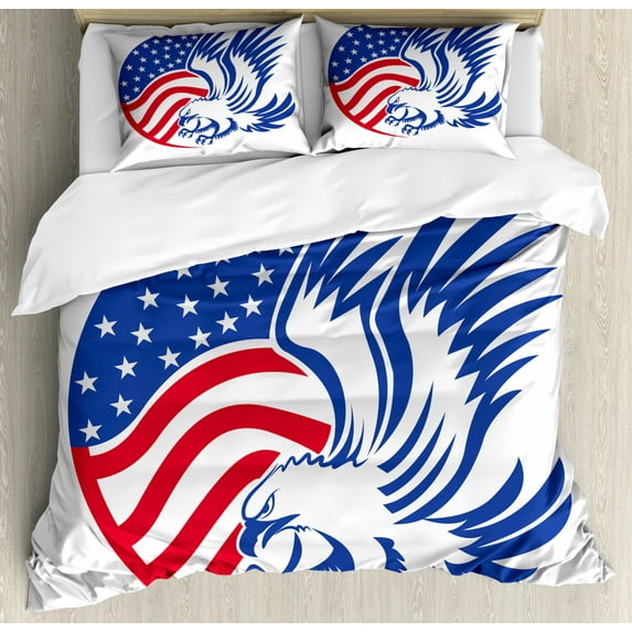 American Duvet Cover Set King Size, Illustration Art of an American Bald Eagle Flag Inspired Circle, Decorative 3 Piece Bedding Set with 2 Pillow Shams, Violet Blue Vermilion White, by Ambesonne