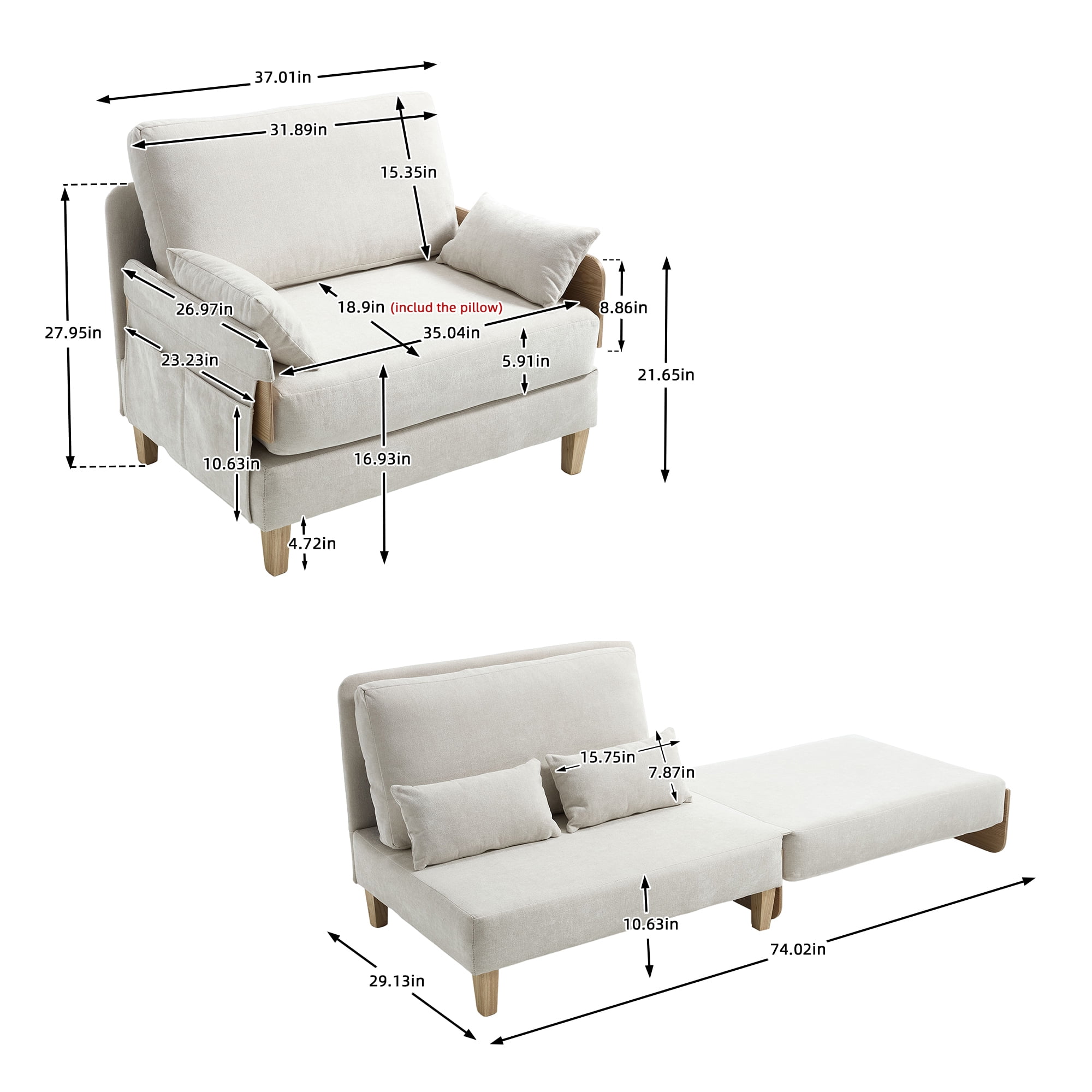 MOONMISS Chenille 3-in-1 Convertible Sleeper Foldable Sofa Bed Recliner Chair with 3 Pillows,Beige