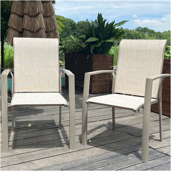 JERFIT 2-Pack Stackable Outdoor Dining Chairs, Cream Textilene Patio Chairs with Metal Frame for Garden, Poolside, Deck, Porch