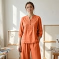 thumbnail image 6 of 3/4 Sleeve Embroidered Linen Set for Women, V-Neck Cotton Blend Top & Wide Leg Cropped Pants 2 Piece Outfit - Boho Summer Vacation Lounge Co-ord Set Saffron L, 6 of 8