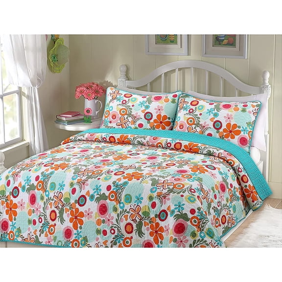 Cozy Line Home Fashions Pink Green Blue Orange Colorful Floral Whimsy Reversible Girl Quilt Bedding Set, Coverlet, Bedspread (King - 3 Piece: 1 Quilt 2 King Shams)