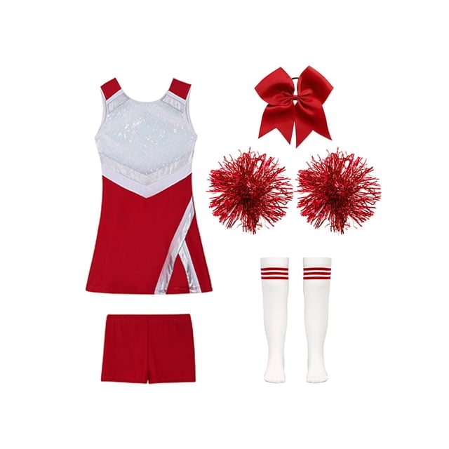 Raenseen Girls Cheerleading Outfits Sleeveless Crop Top With Tennis Skirt Set School Uniform Halloween Cheer Leader Costume B Red 12
