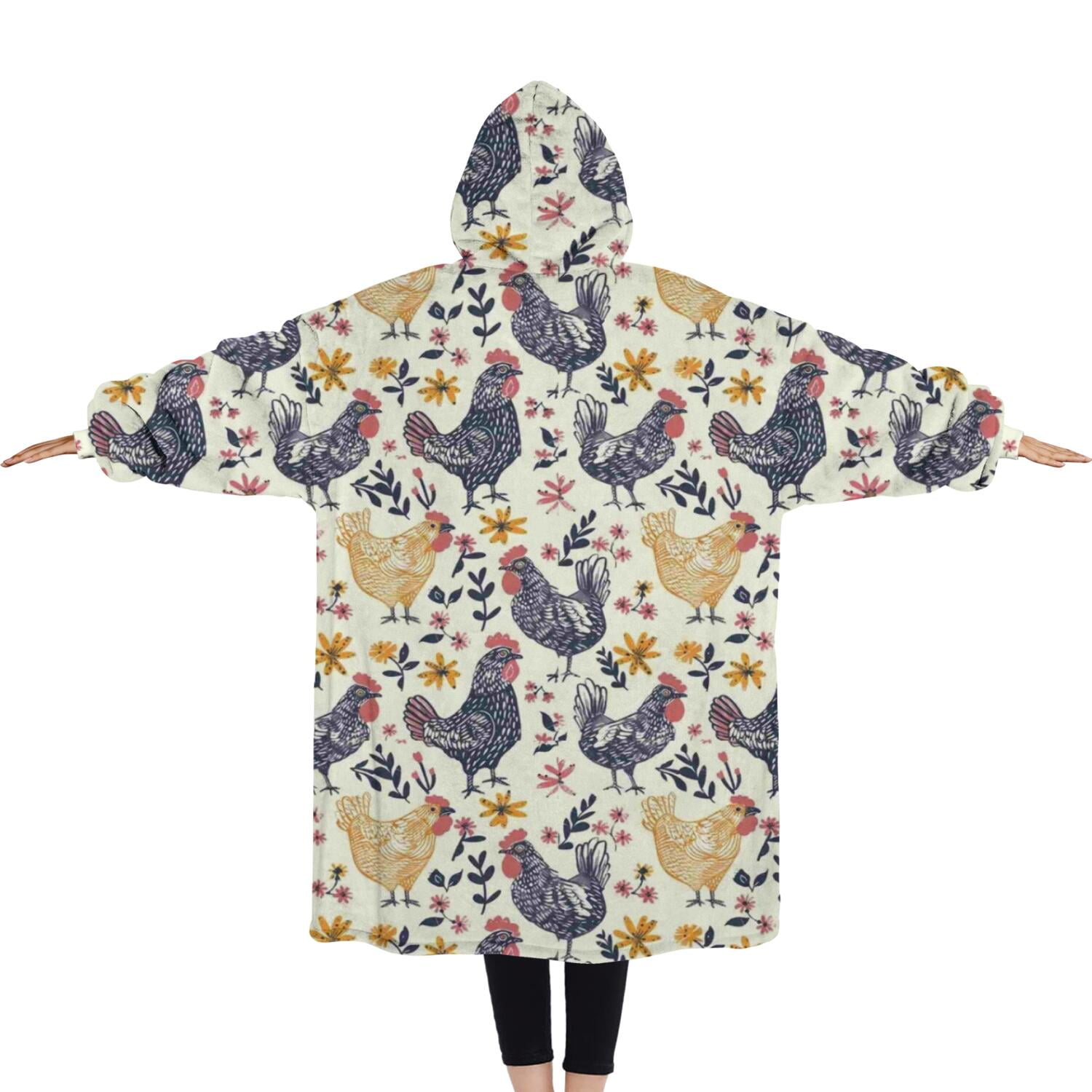 Oversized Wearable Blanket Hoodie,Beige Chicken Floral Pattern Sherpa Blanket Hoodie with Super Pockets,Super Warm Fuzzy Pullover for Women & Men